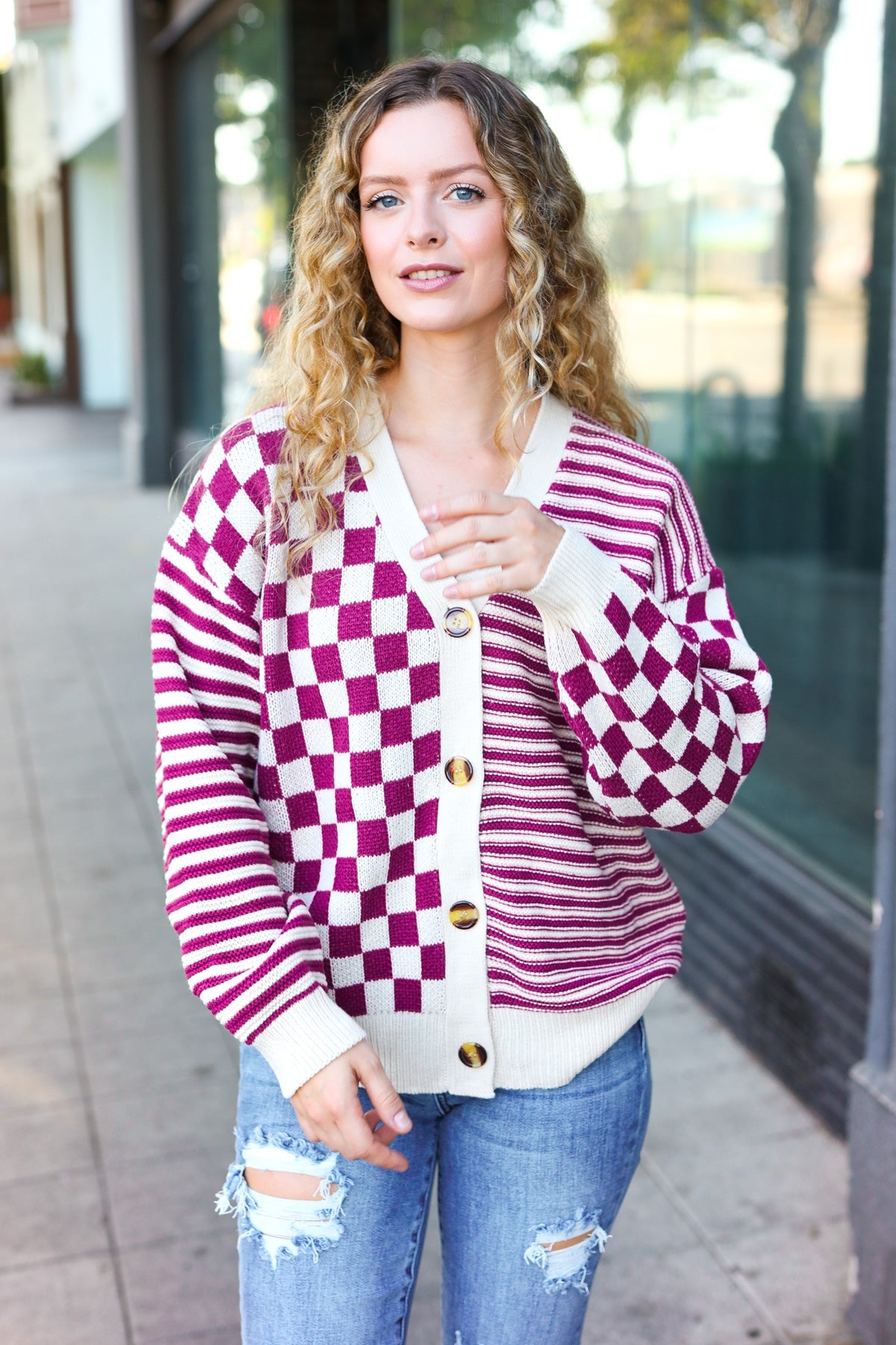 Cozy Days Magenta Checkered & Striped Button-Down Cardigan