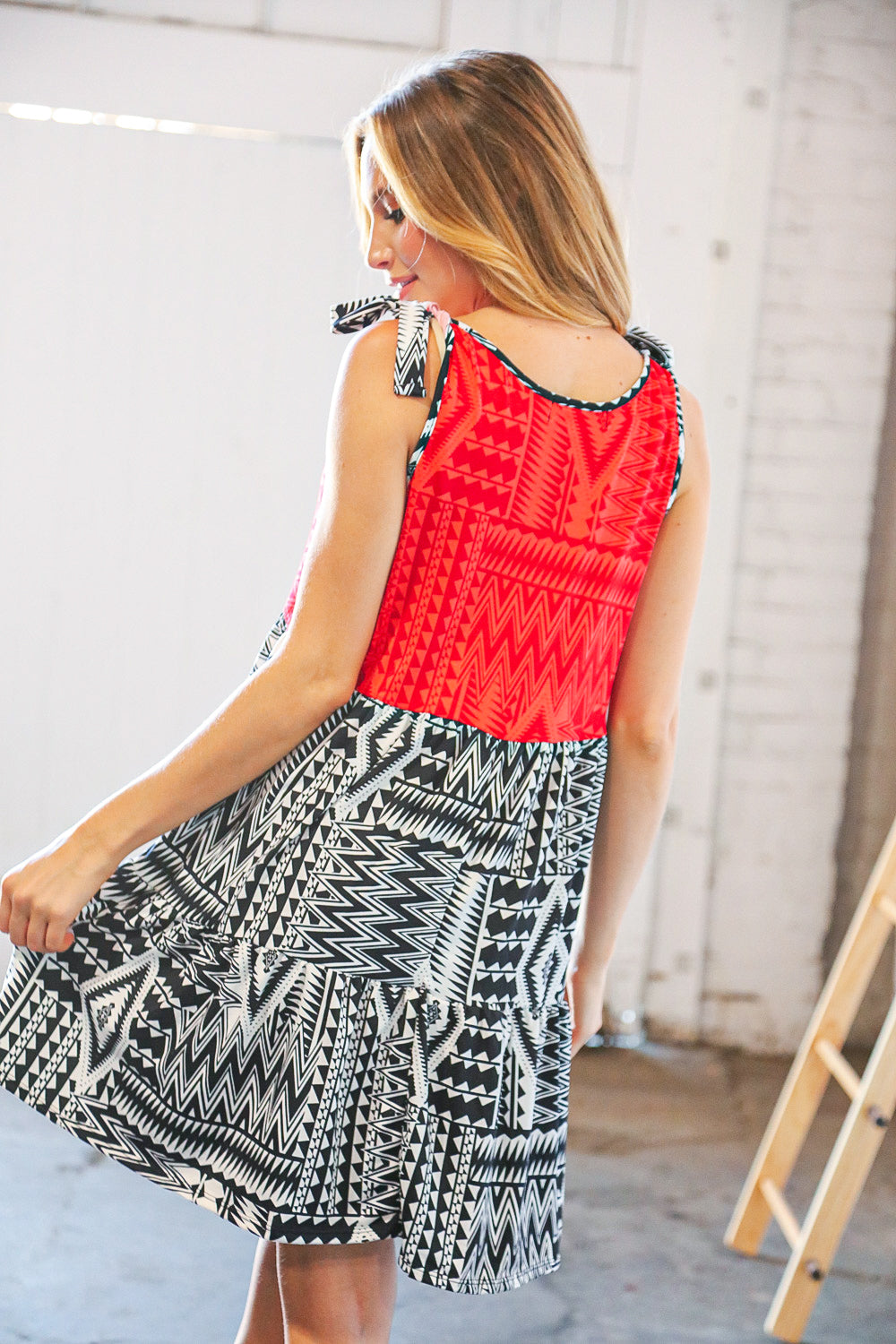 Red/Black Aztec Shoulder Tie Knot Tiered Dress  Haptics   