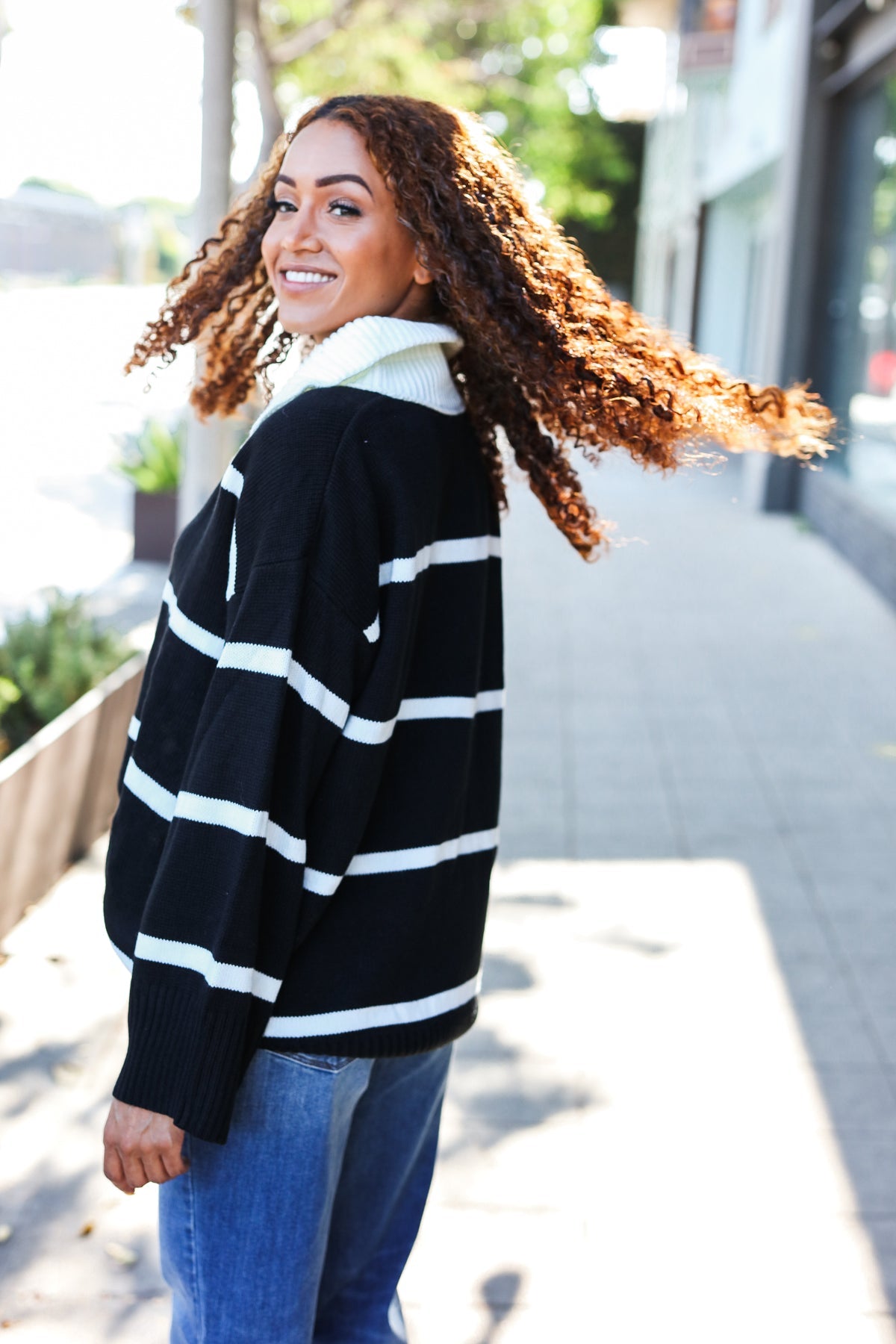 Fall For You Black Stripe Notched Neck Collared Oversized Sweater