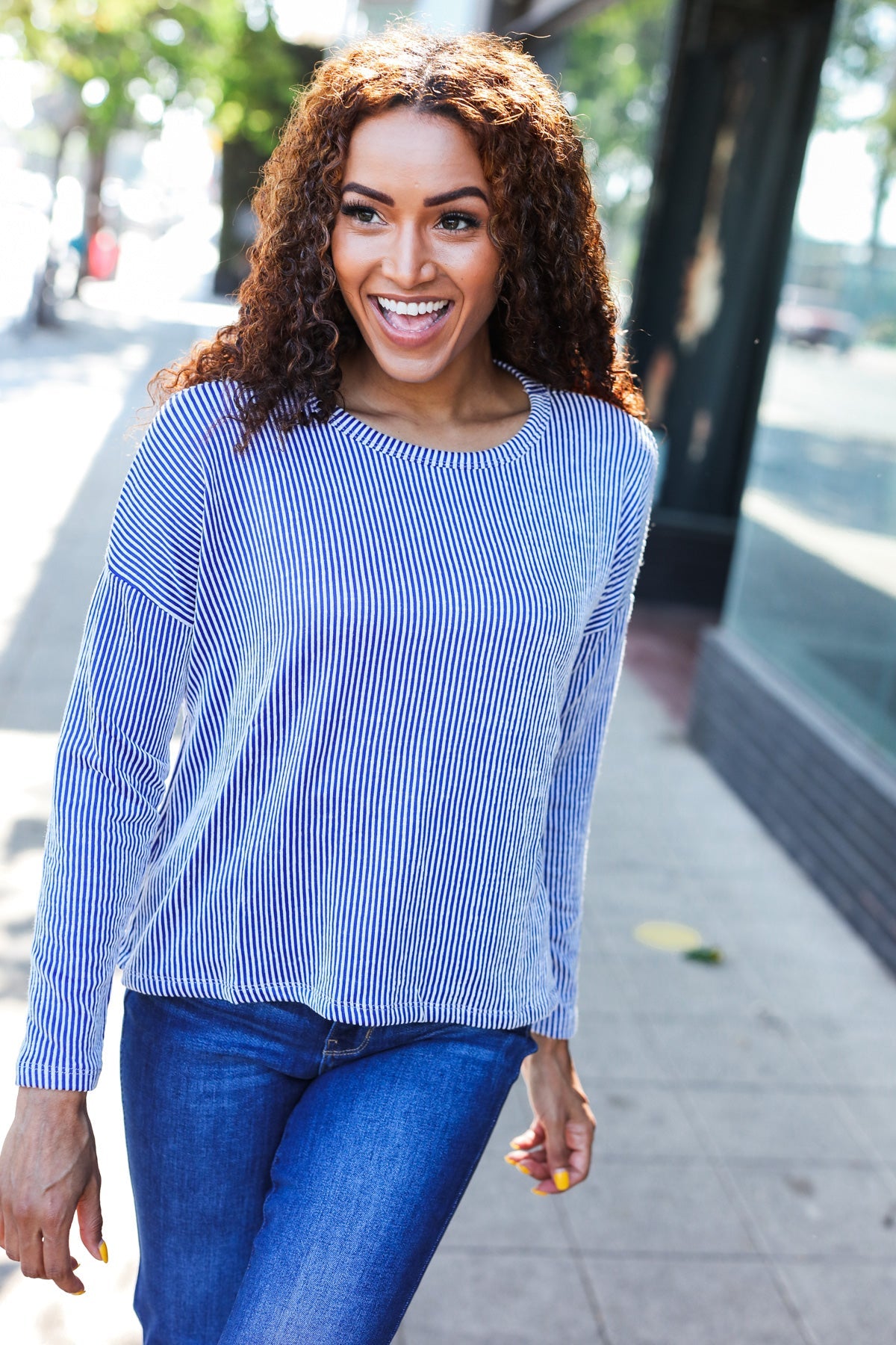 Hello Beautiful Blue Rib Dolman Sweater Top Zenana