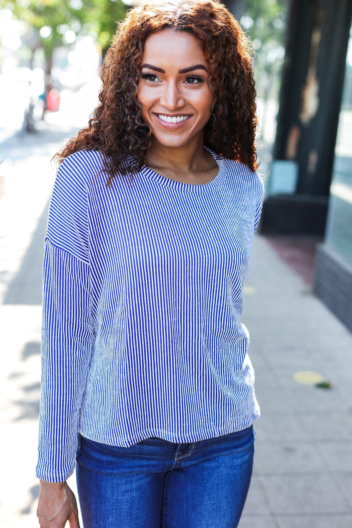 Hello Beautiful Blue Rib Dolman Sweater Top Zenana