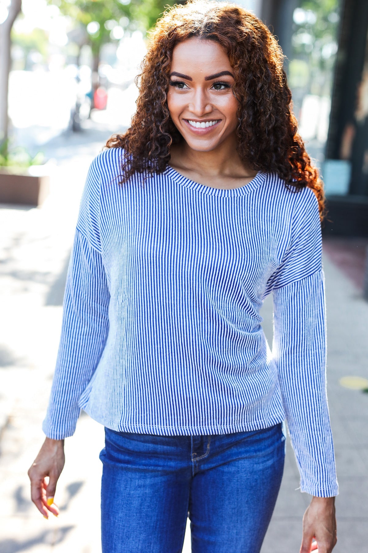 Hello Beautiful Blue Rib Dolman Sweater Top Zenana