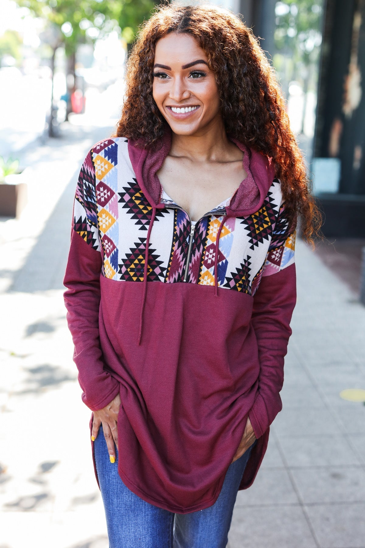 Stand Out Burgundy Tribal Print Half Zip Longline Hoodie