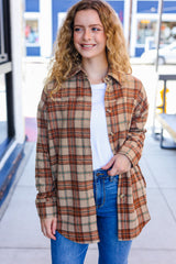 Boldly You Taupe & Rust Flannel Plaid Fringe Jacket