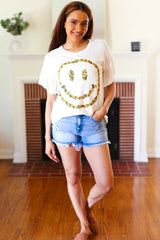 Live For Today White Floral Smiley Face Flutter Sleeve Tee  Red Lolly   