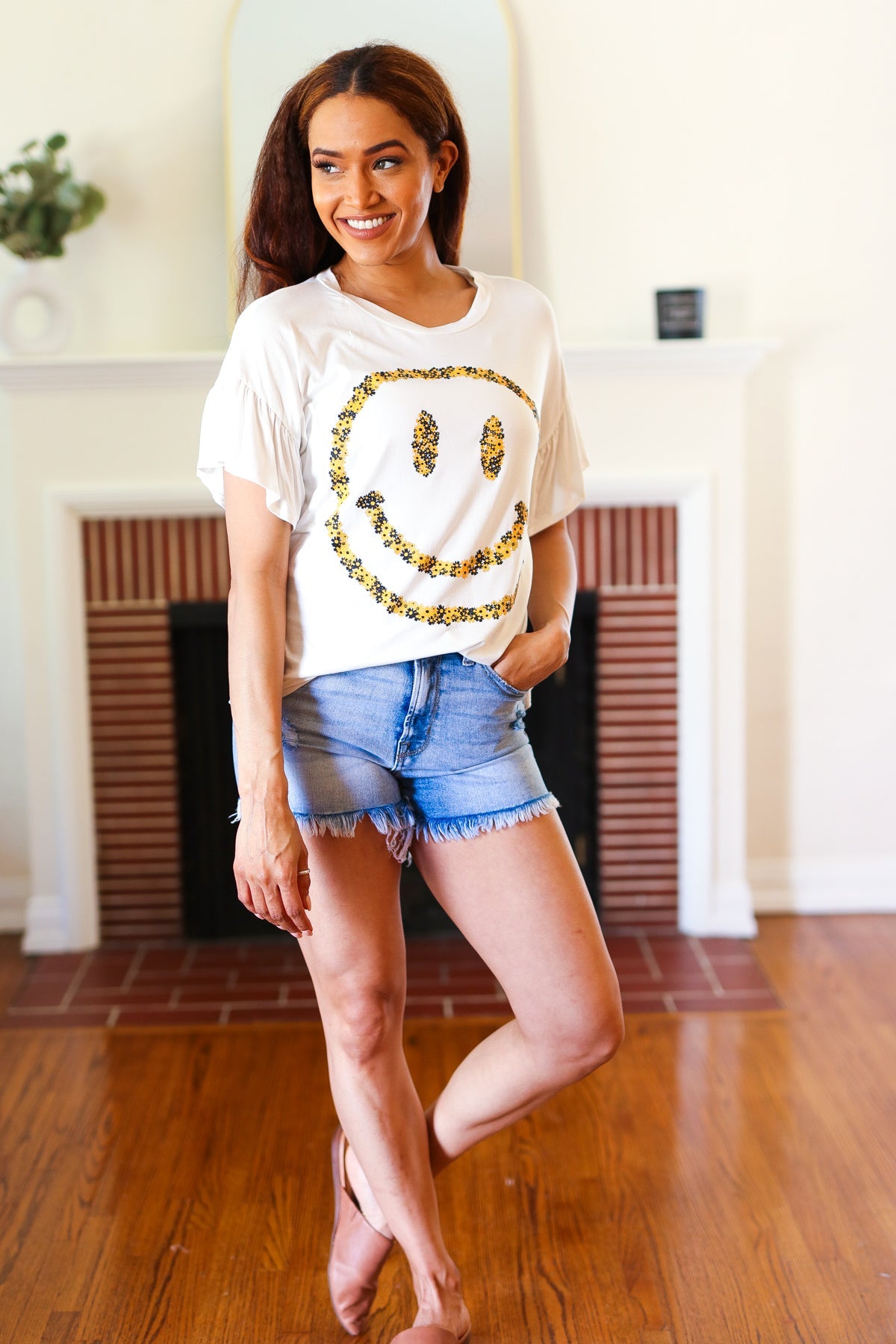 Live For Today White Floral Smiley Face Flutter Sleeve Tee  Red Lolly   