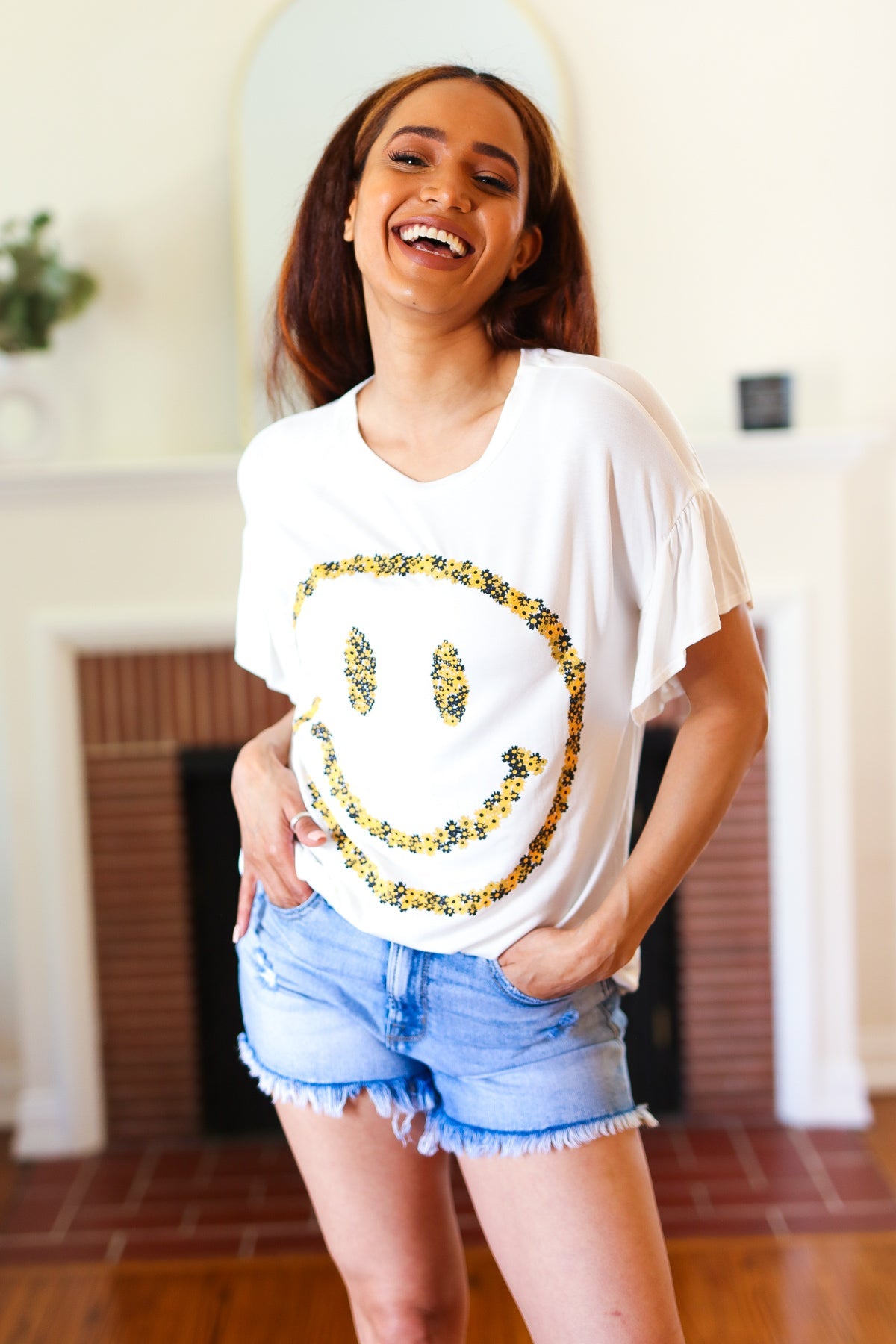 Live For Today White Floral Smiley Face Flutter Sleeve Tee  Red Lolly   