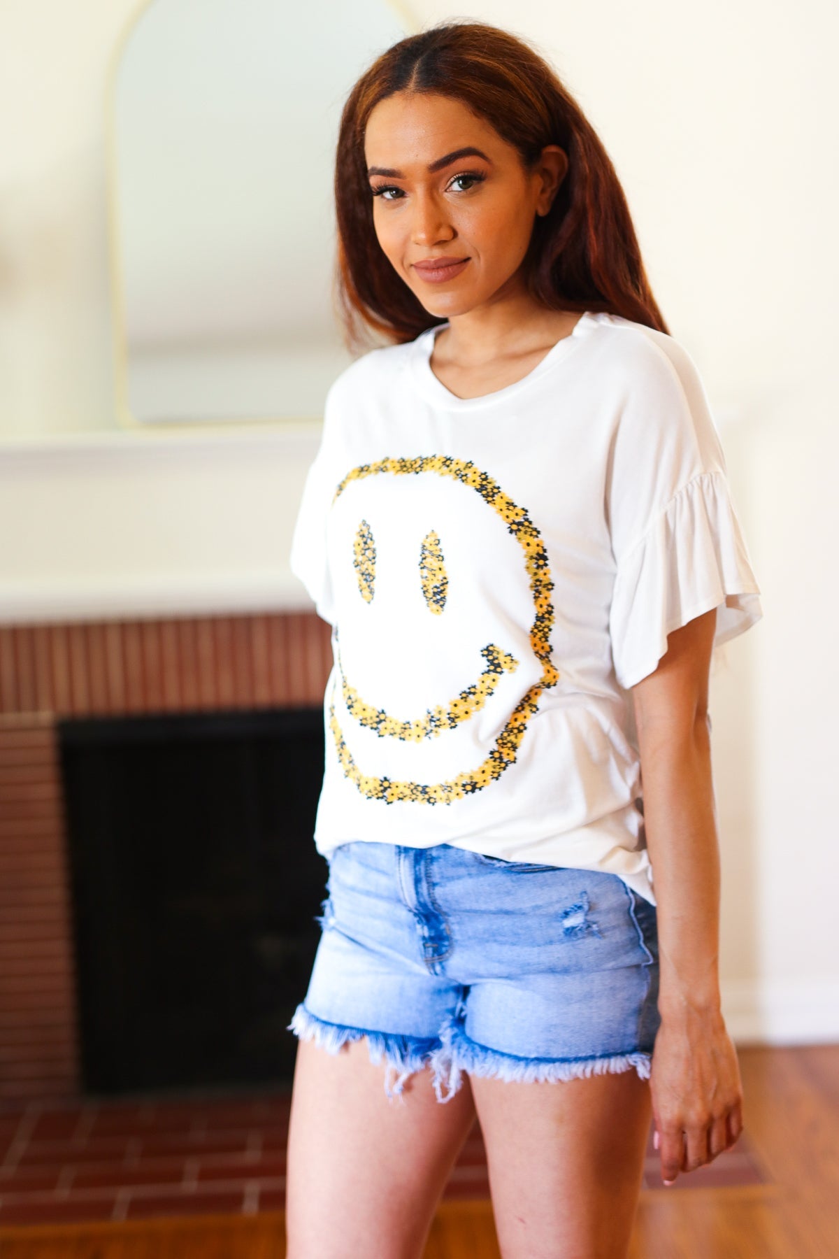 Live For Today White Floral Smiley Face Flutter Sleeve Tee  Red Lolly   