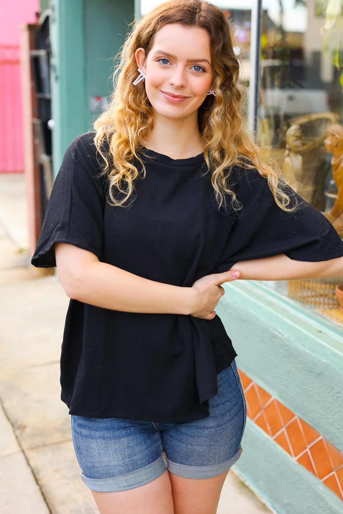 Be Bold Black Crinkle Texture Pocketed Dolman Top  Beeson River   