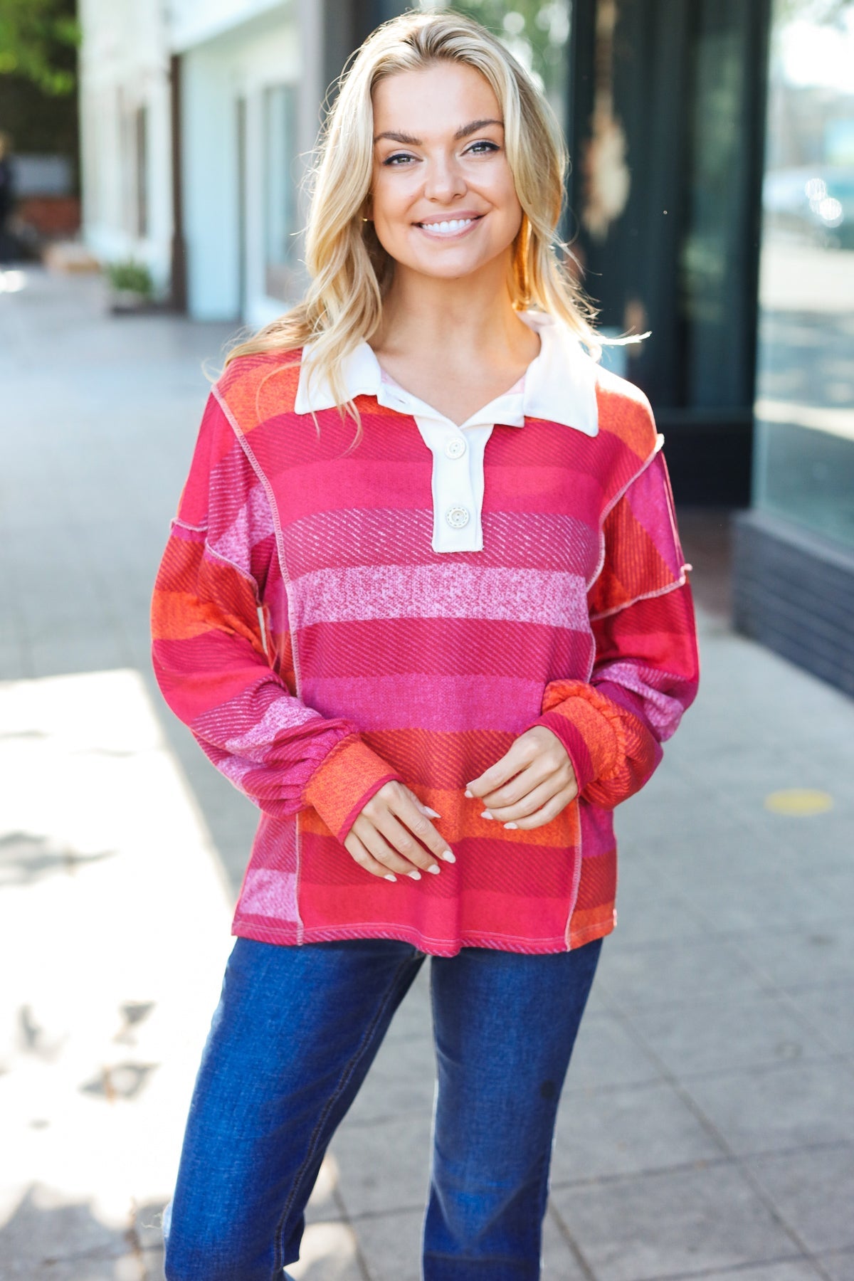 Be Bold Magenta Striped Button Down Placket Collared Top