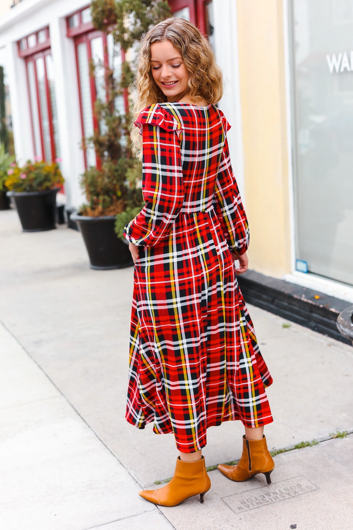 Adorable In Red Plaid Ruffle Detail Fit & Flare Midi Dress