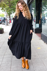 Lock Eyes Black Notched Neck Frill Hem Tiered Maxi Dress