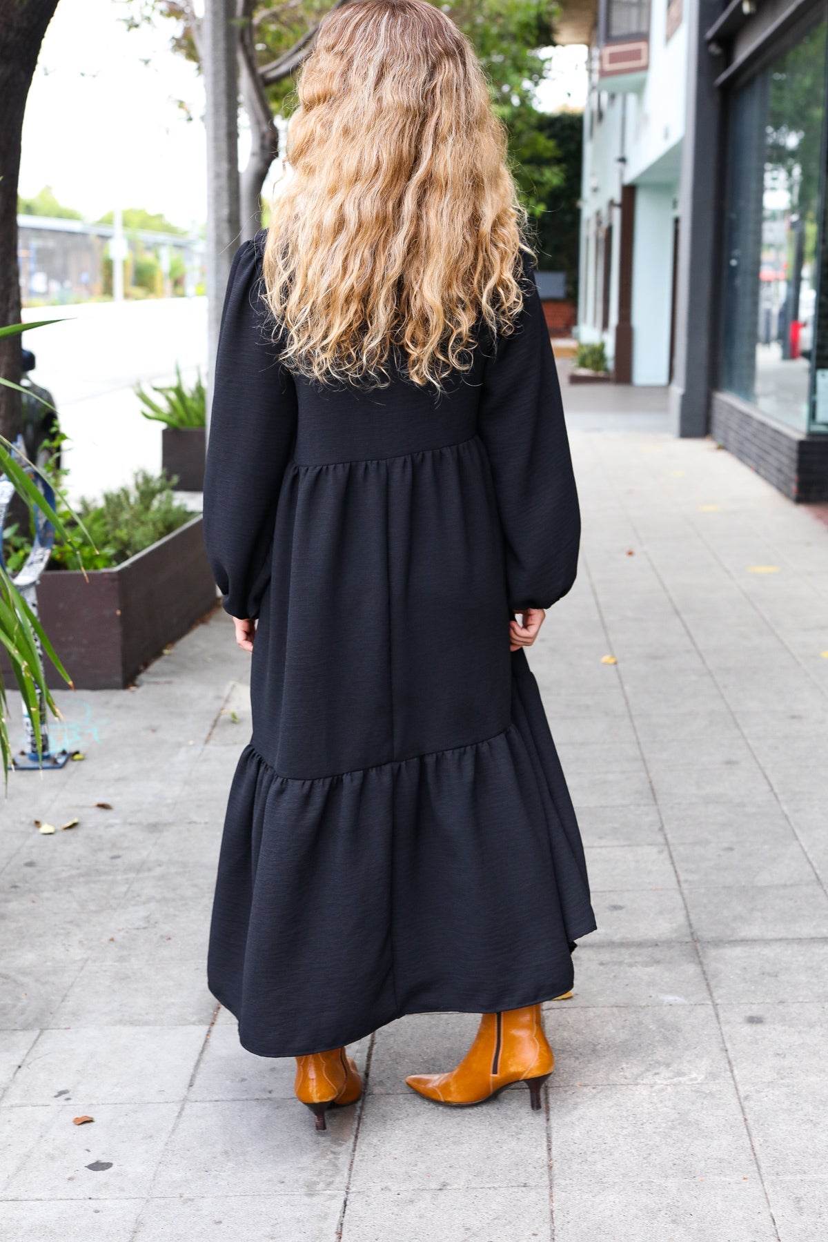 Lock Eyes Black Notched Neck Frill Hem Tiered Maxi Dress