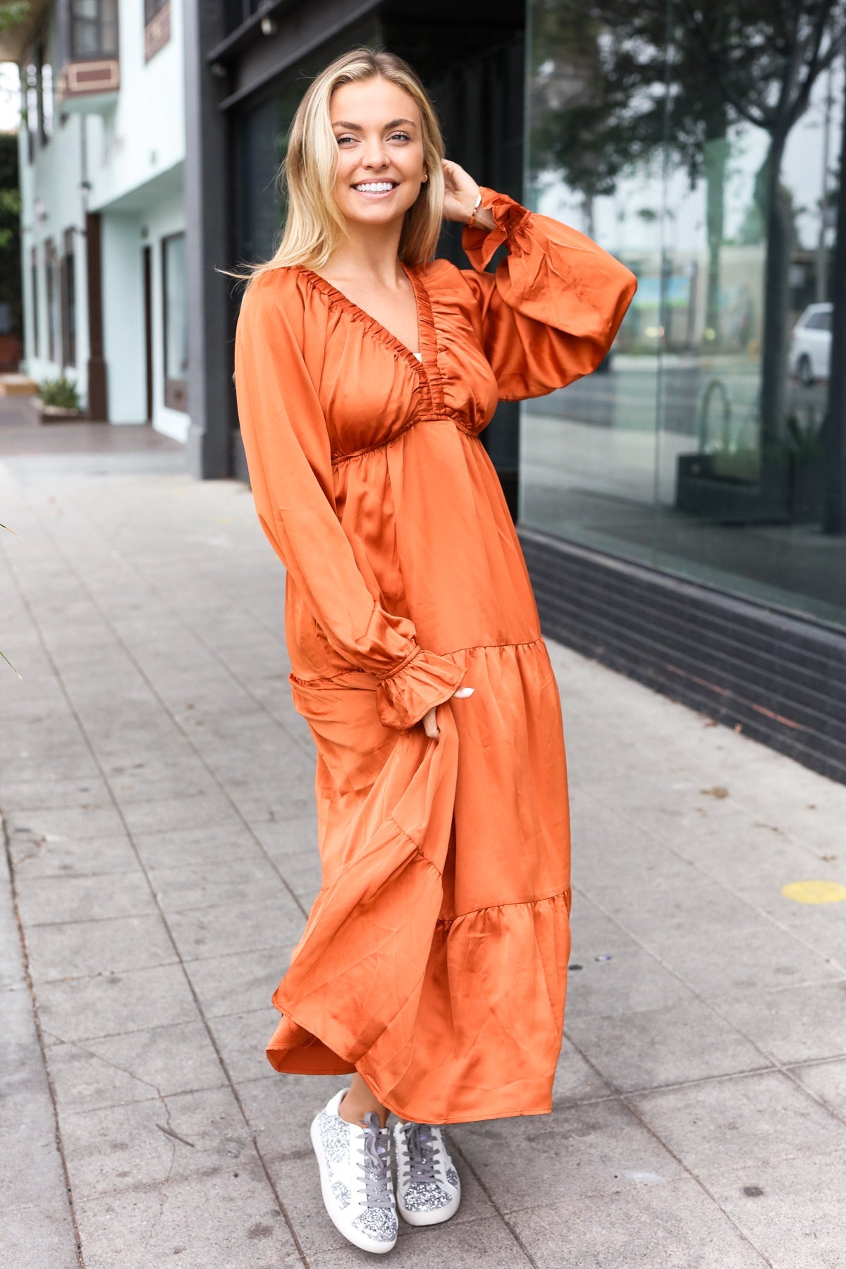 Elegant Rust Elastic V Neck Tiered Satin Maxi Dress