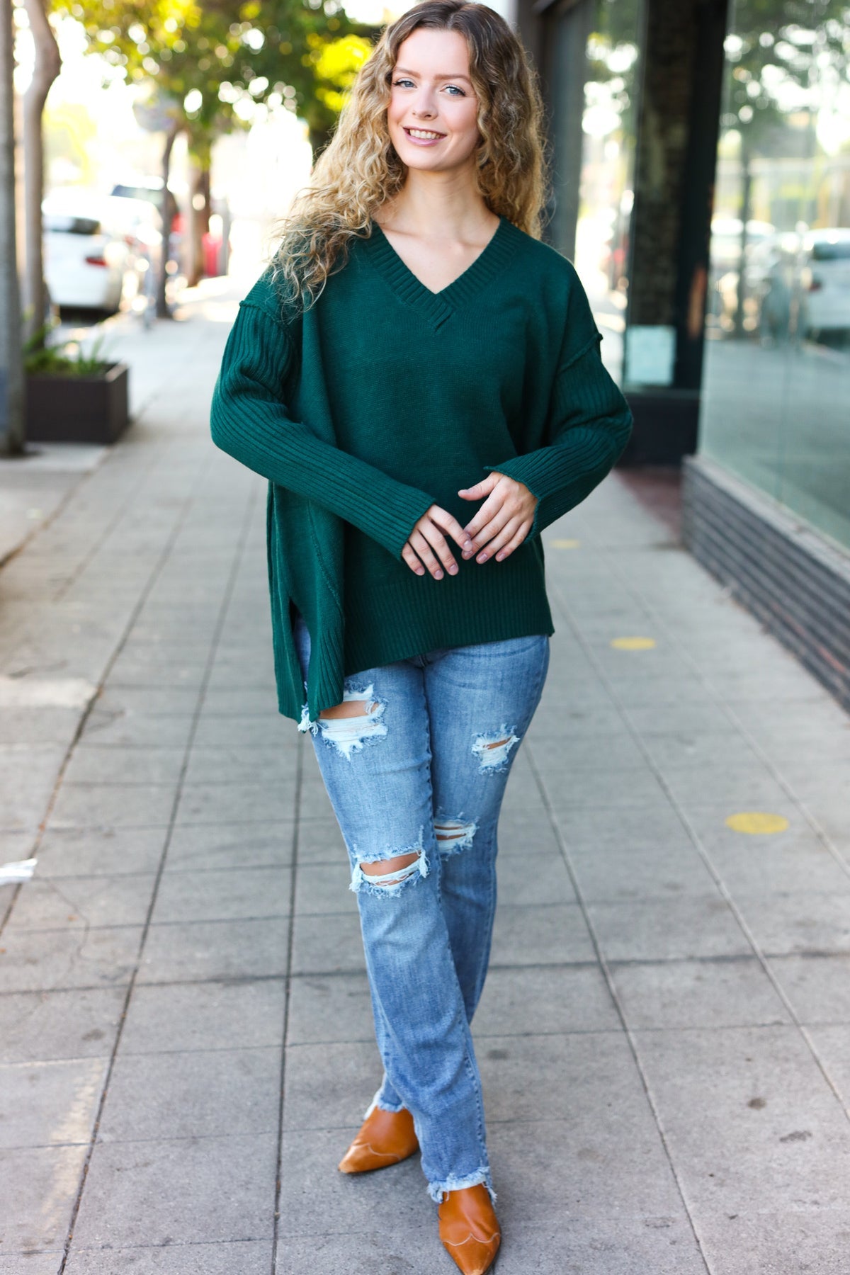 Casual Chic Hunter Green Oversized V Neck Rib Knit Sweater