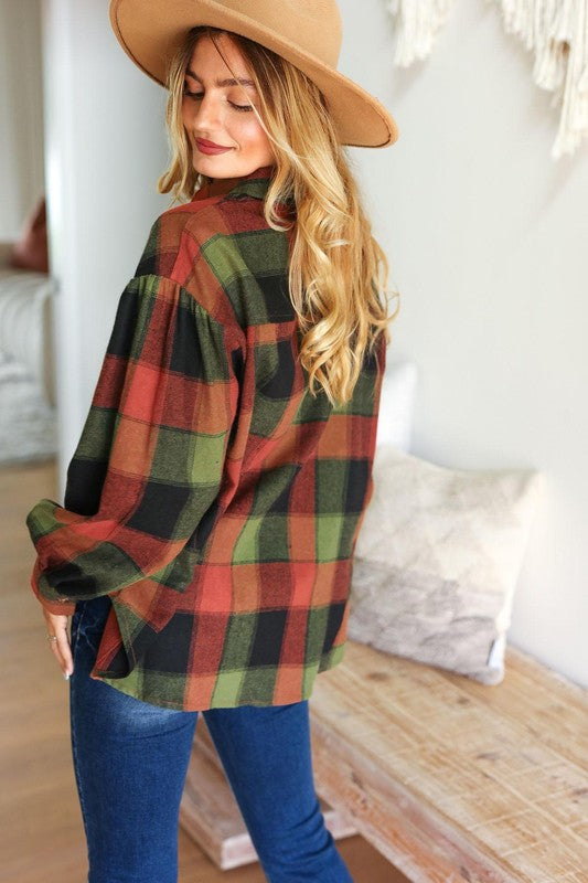 Rock'n Plaid Olive & Rust Button Down Oversized Shirt