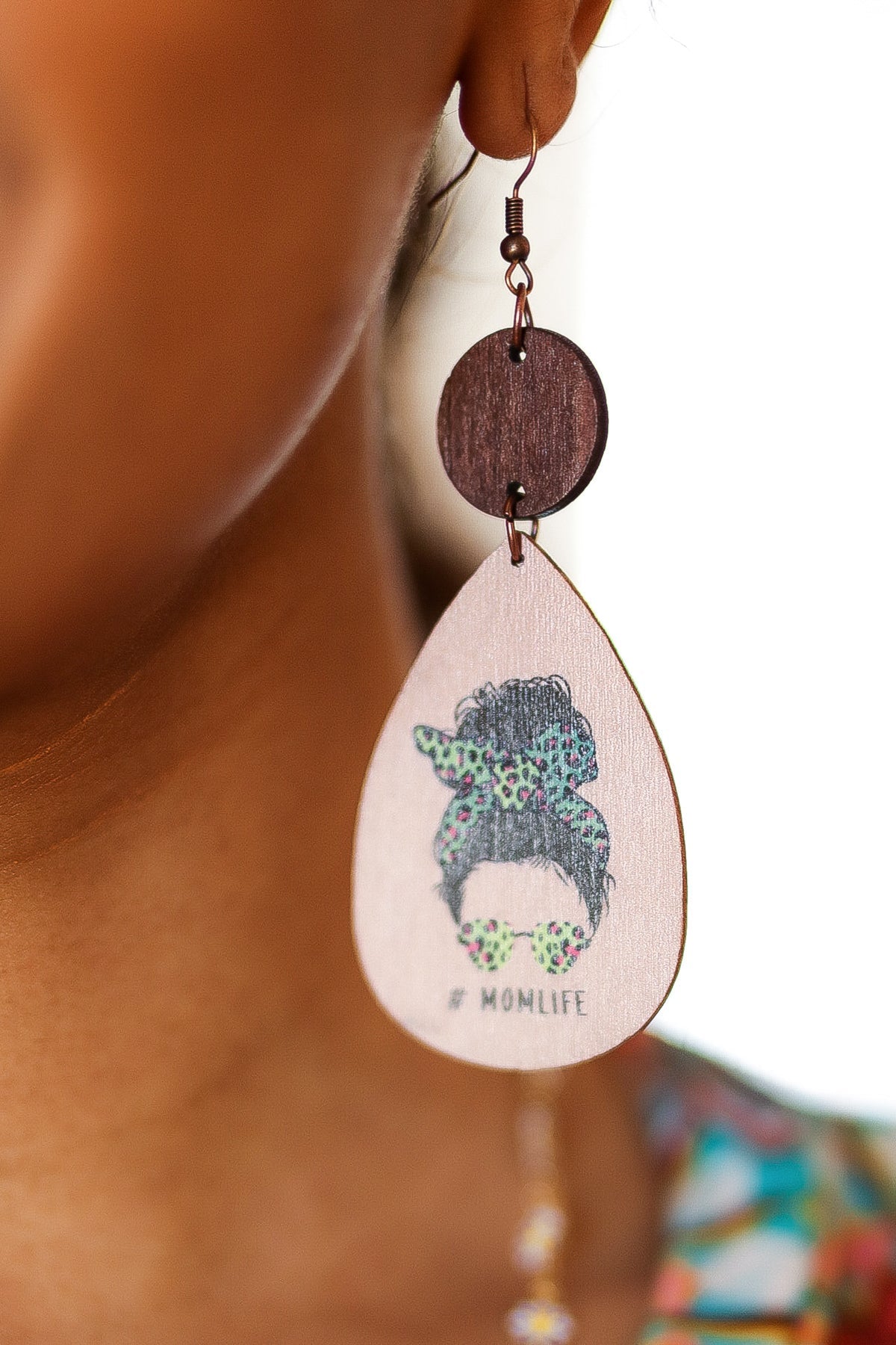 Green Cheetah "#MOMLIFE" Wooden Dangle Earrings