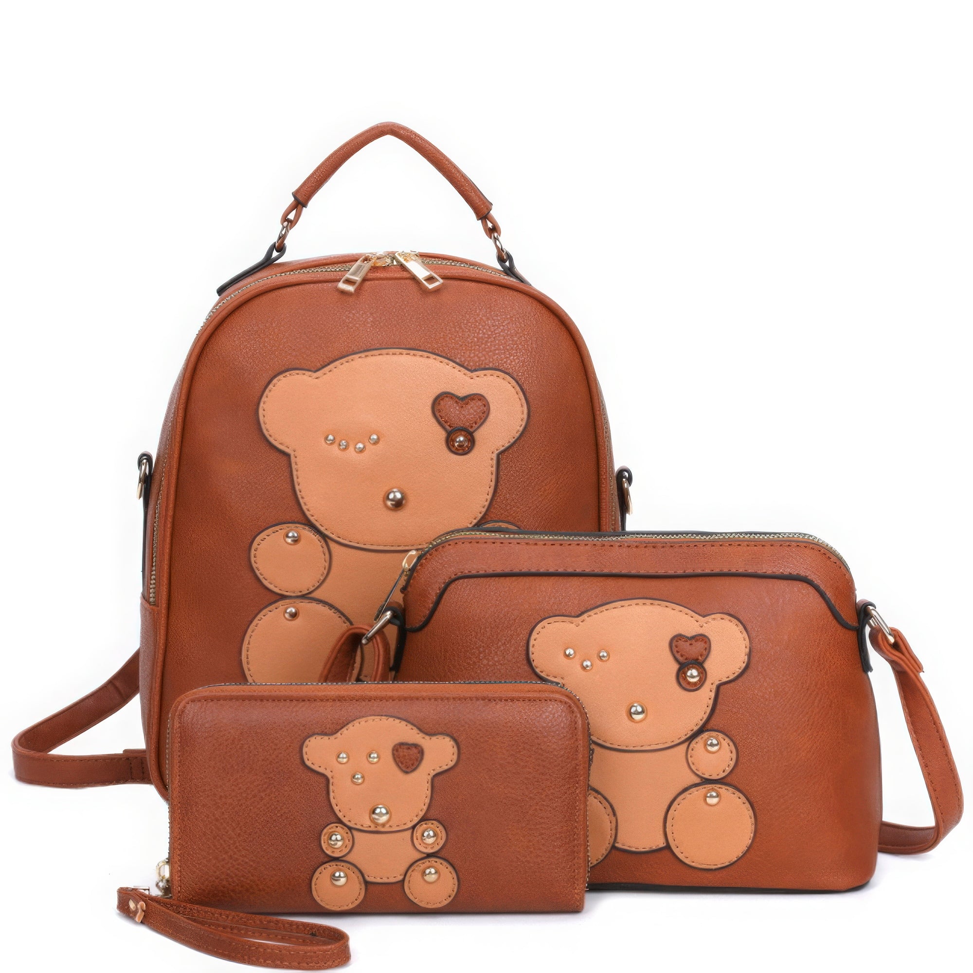 3in1 Cute Bear Design Handle Backpack W Crossbody And Wallet Set Marabella Inspirations Brown