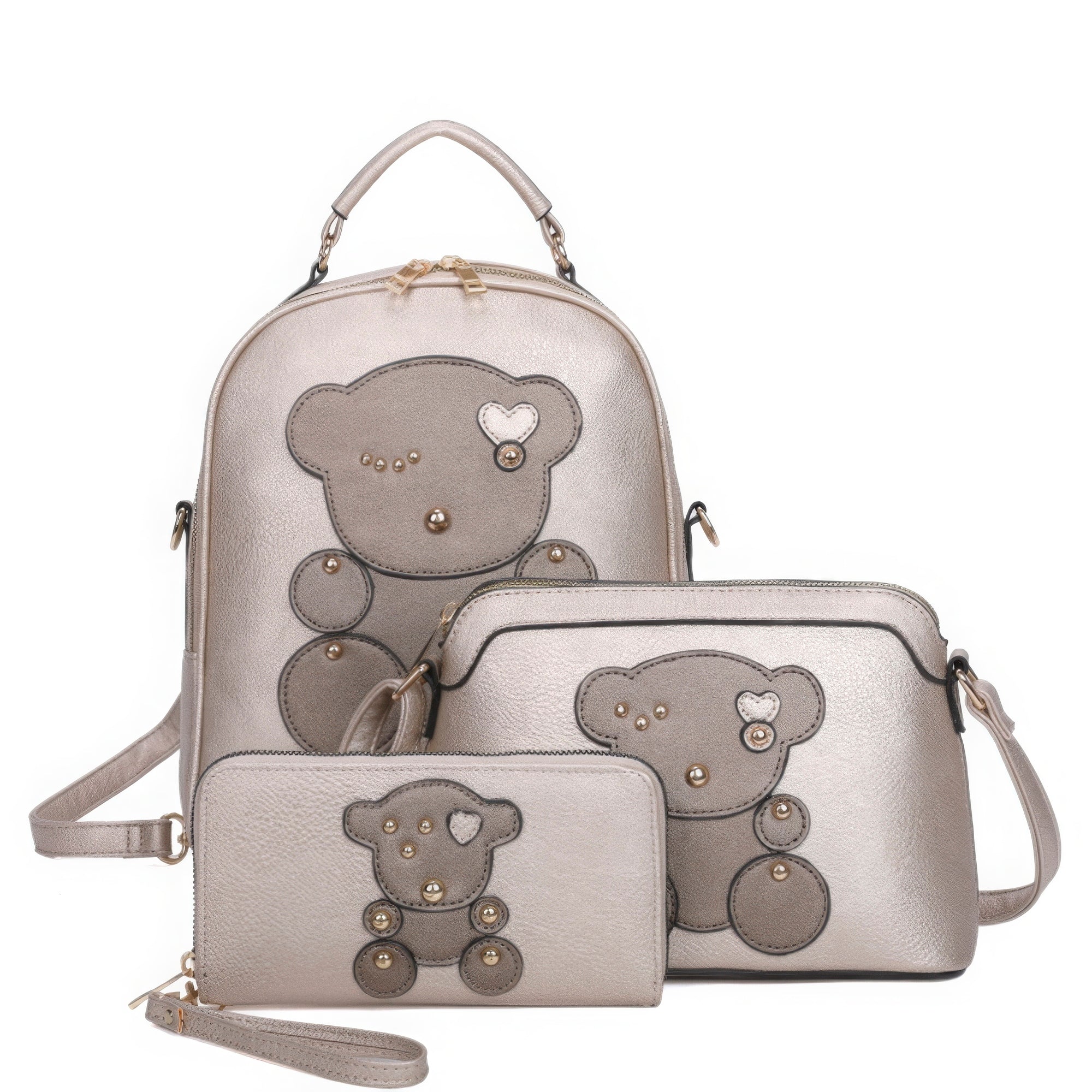 3in1 Cute Bear Design Handle Backpack W Crossbody And Wallet Set Marabella Inspirations Gold