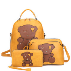 3in1 Cute Bear Design Handle Backpack W Crossbody And Wallet Set Marabella Inspirations Mustard