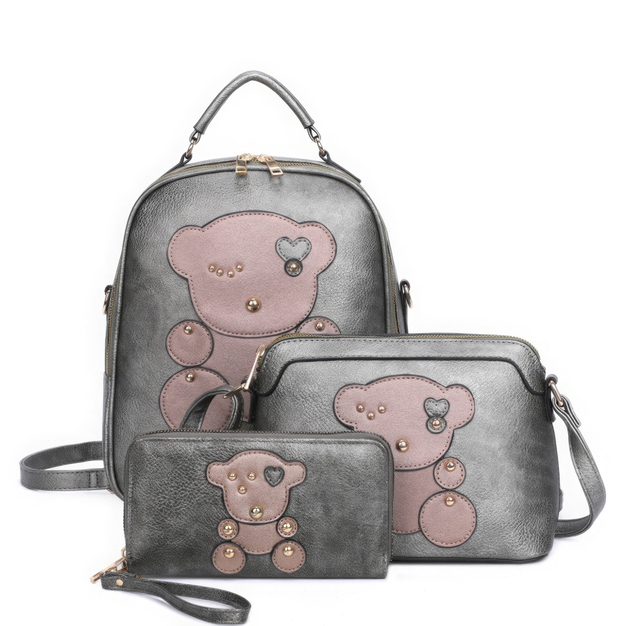 3in1 Cute Bear Design Handle Backpack W Crossbody And Wallet Set Marabella Inspirations Pewter