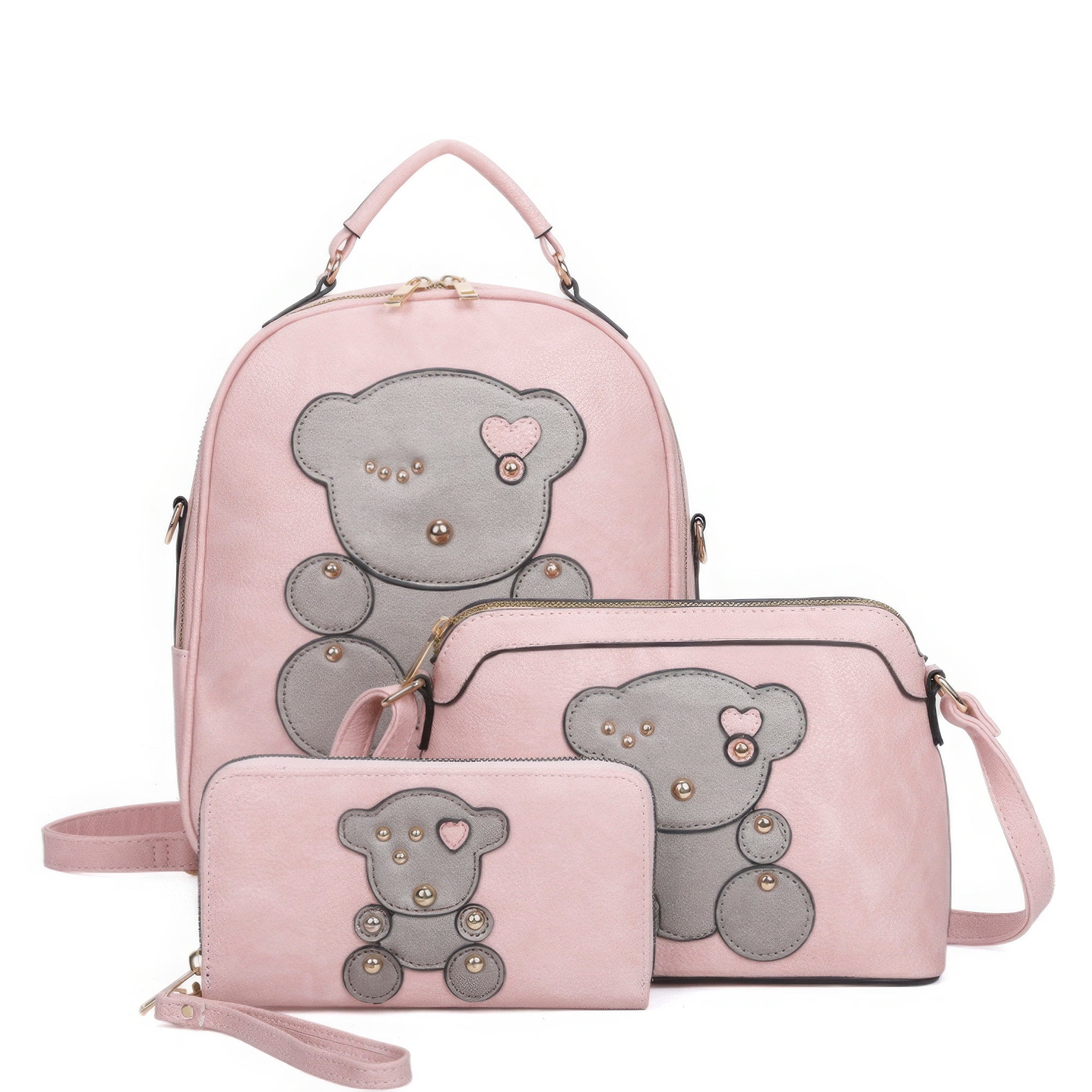 3in1 Cute Bear Design Handle Backpack W Crossbody And Wallet Set Marabella Inspirations Pink