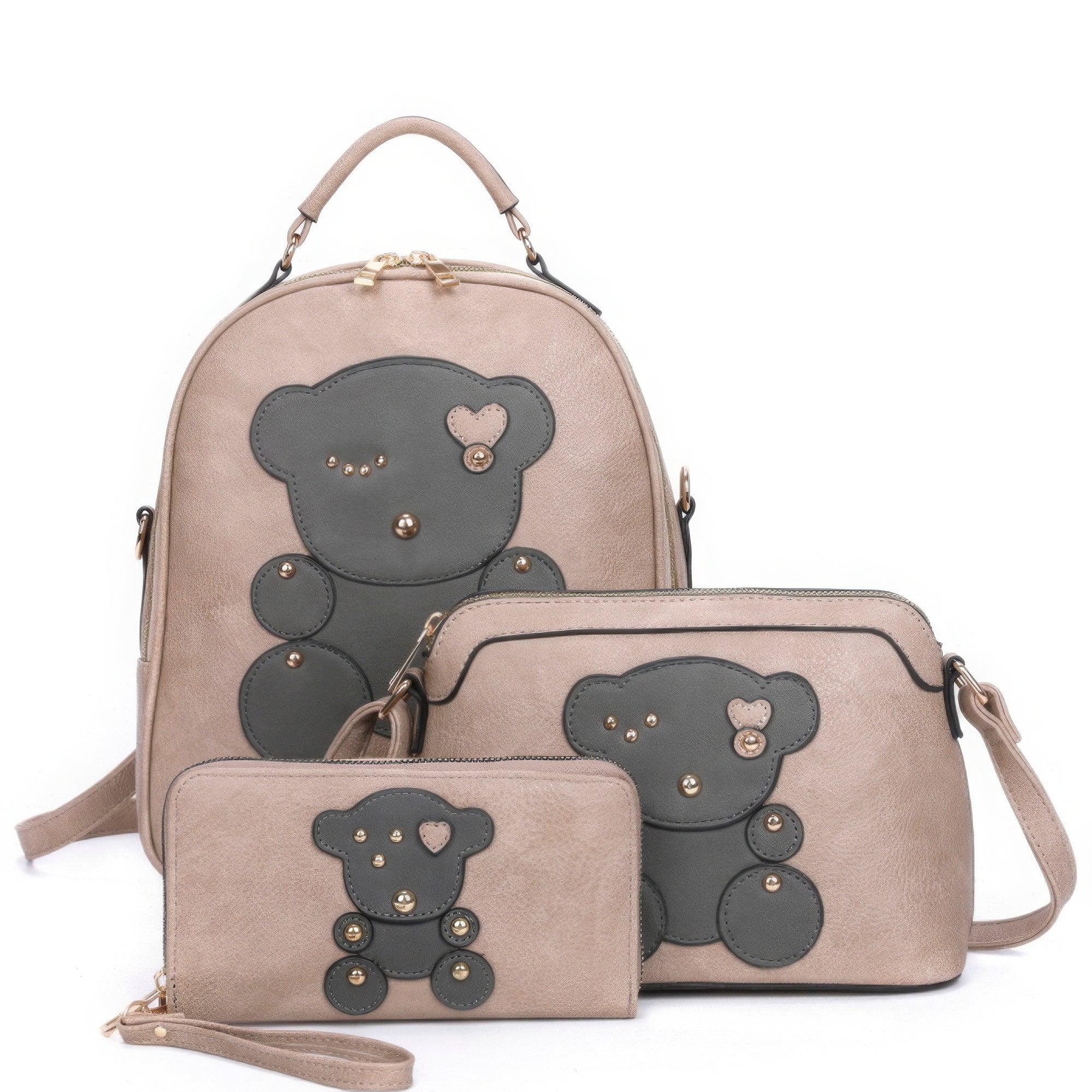 3in1 Cute Bear Design Handle Backpack W Crossbody And Wallet Set Marabella Inspirations Stone