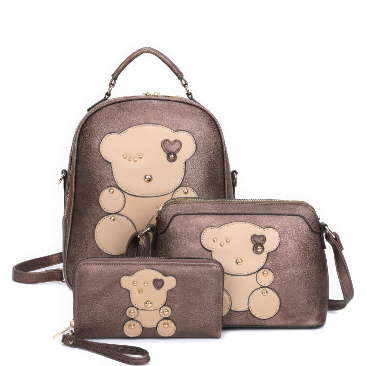 3in1 Cute Bear Design Handle Backpack W Crossbody And Wallet Set Marabella Inspirations Bronze