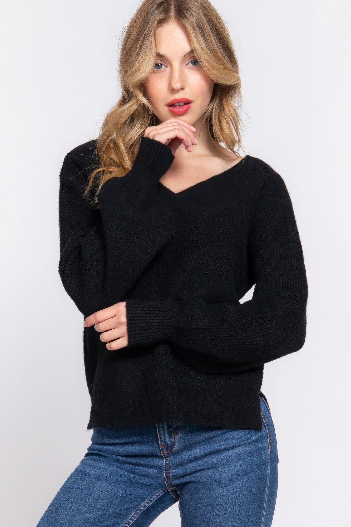 Long Slv Double V-neck Sweater Marabella Inspirations Black S