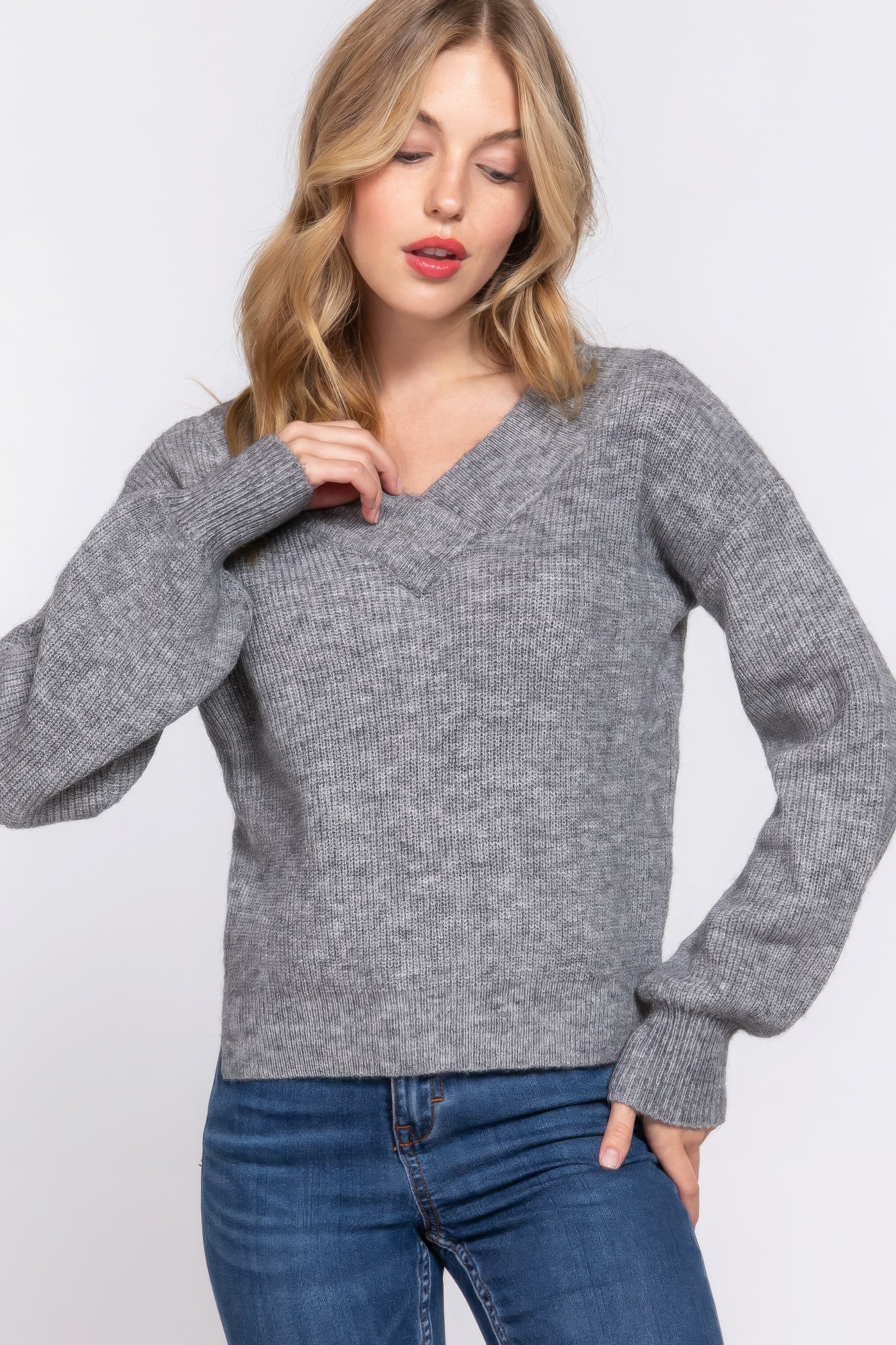 Long Slv Double V-neck Sweater Marabella Inspirations Heather Grey S