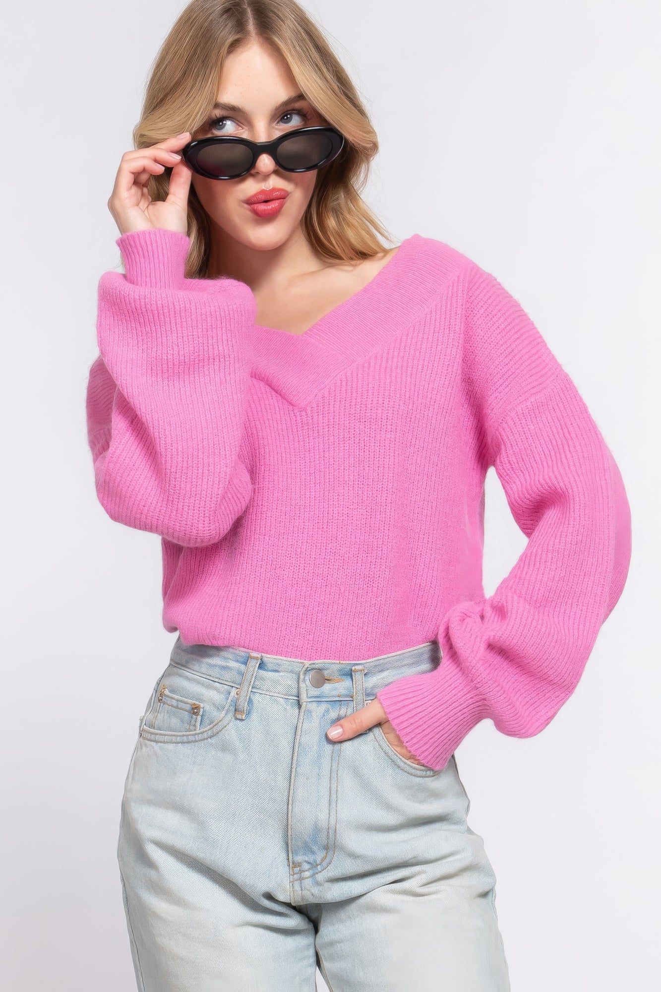 Long Slv Double V-neck Sweater Marabella Inspirations Pink S