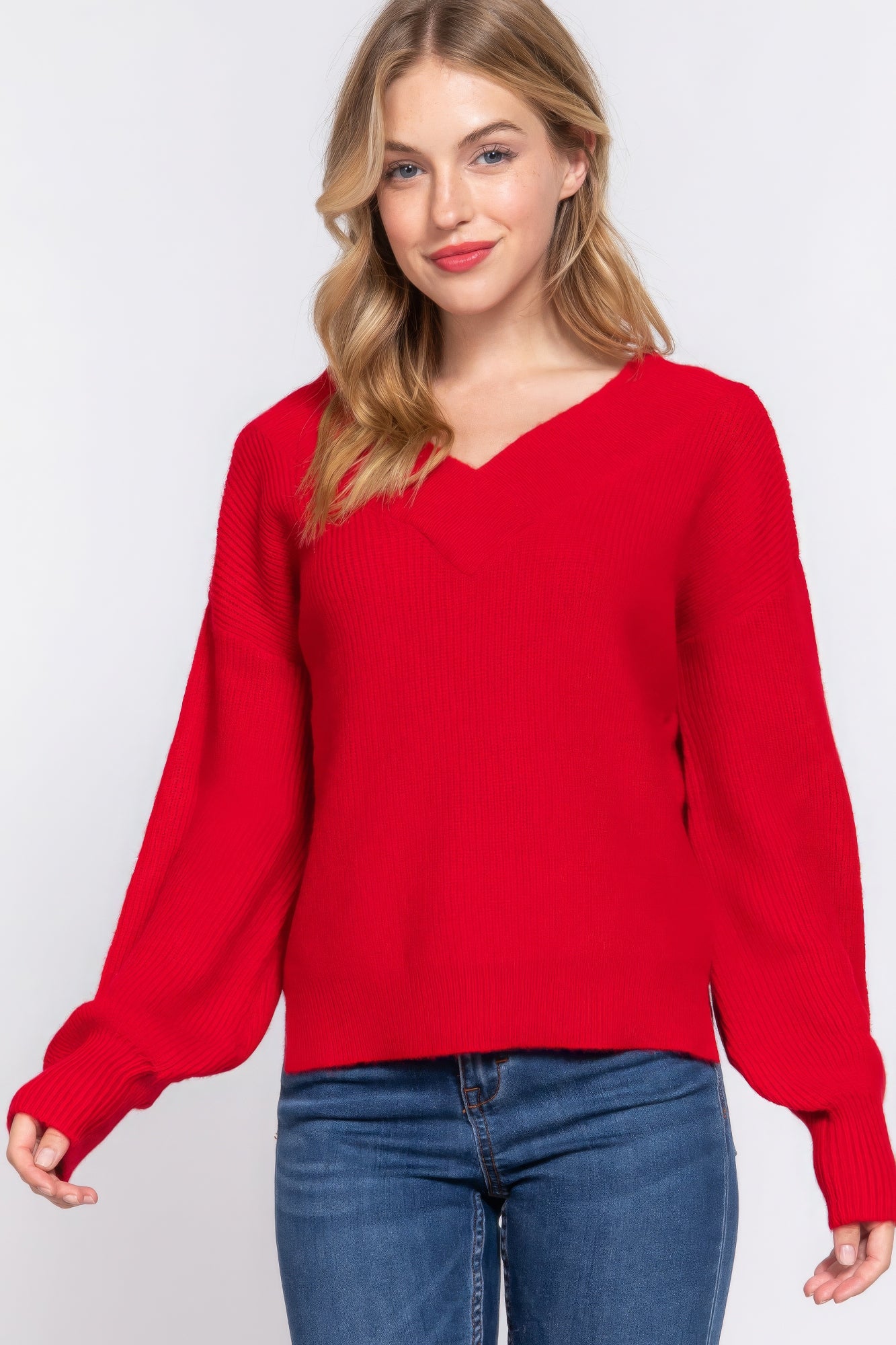 Long Slv Double V-neck Sweater Marabella Inspirations Red S