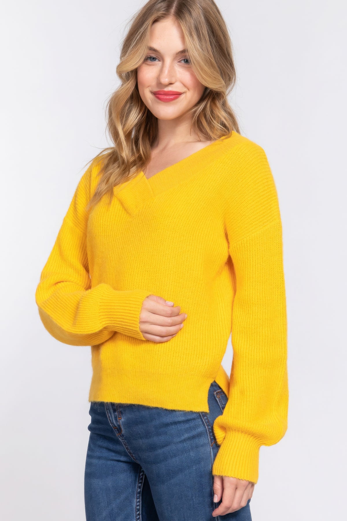 Long Slv Double V-neck Sweater Marabella Inspirations Yellow S