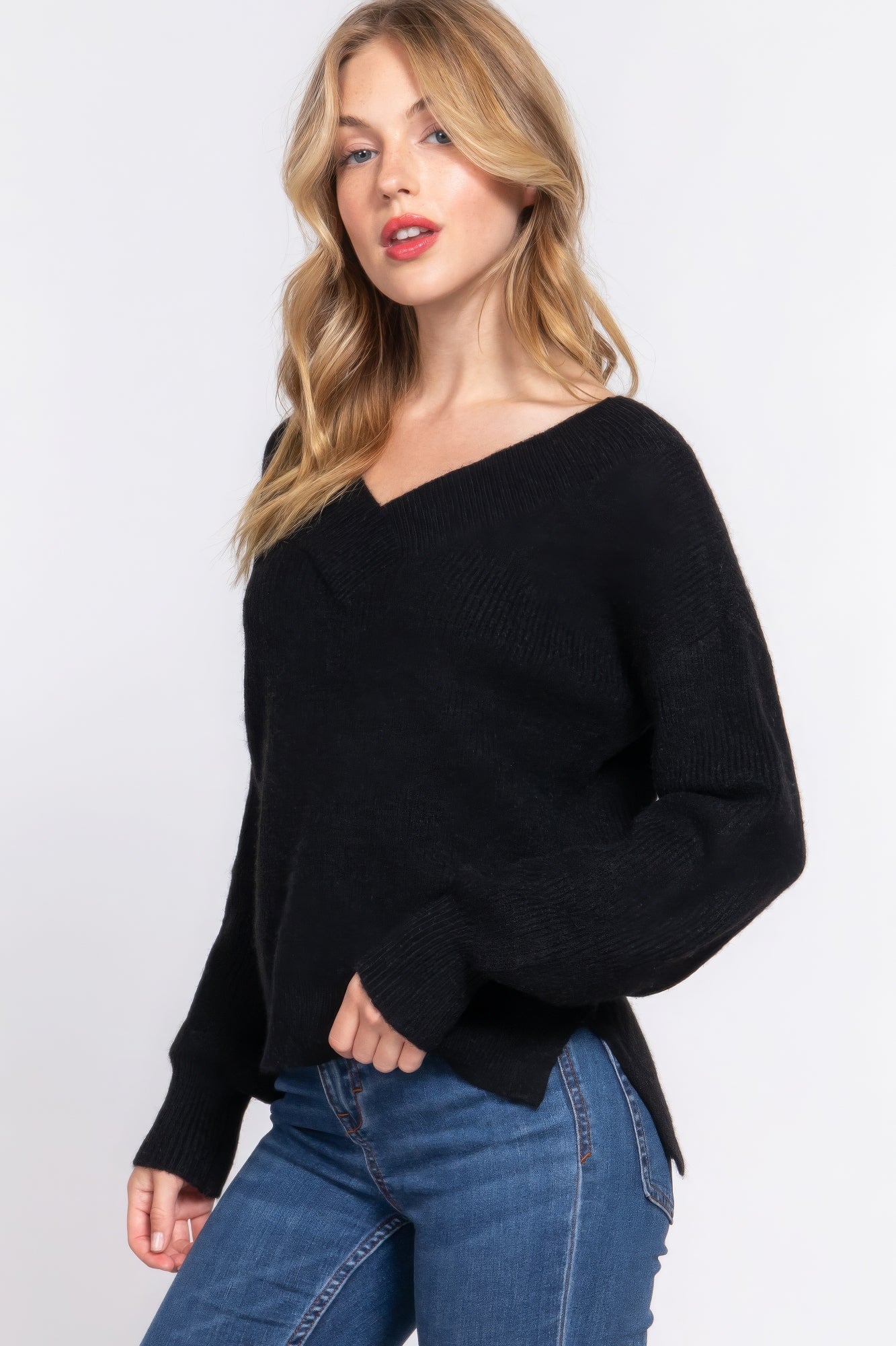 Long Slv Double V-neck Sweater Marabella Inspirations