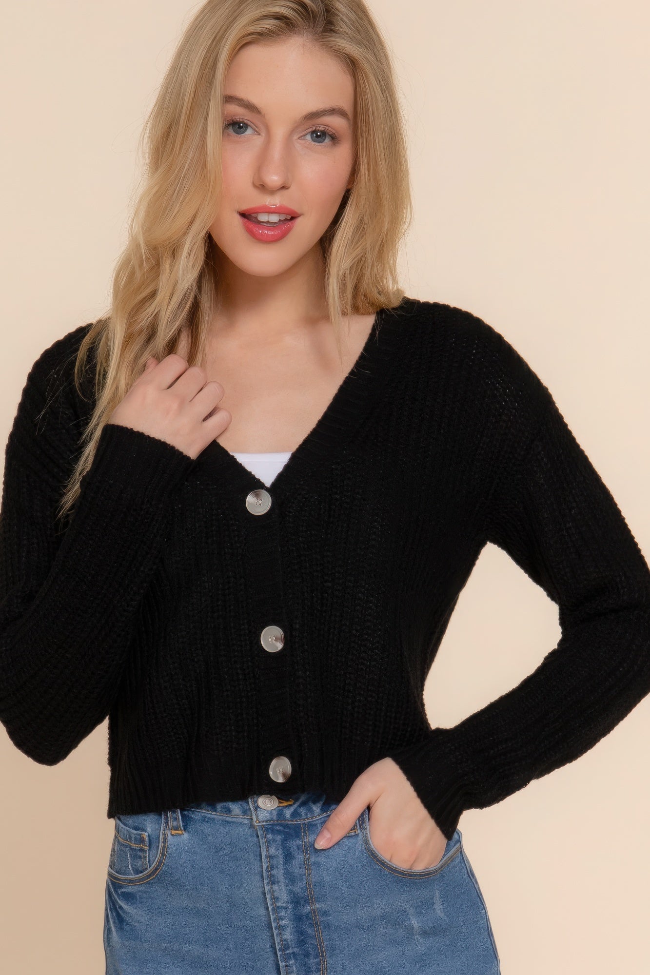 Long sleeve v-neck sweater cardigan Marabella Inspirations Black S