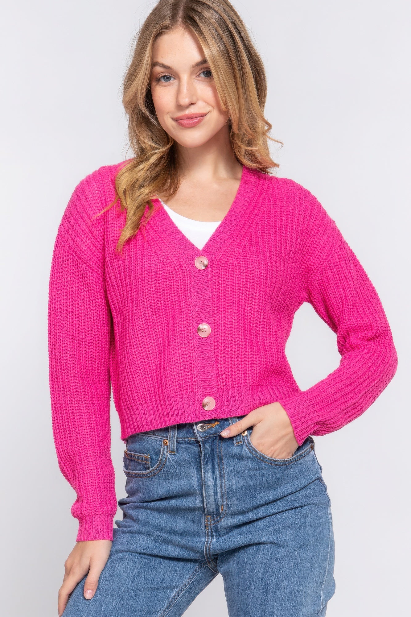 Long sleeve v-neck sweater cardigan Marabella Inspirations Pink S