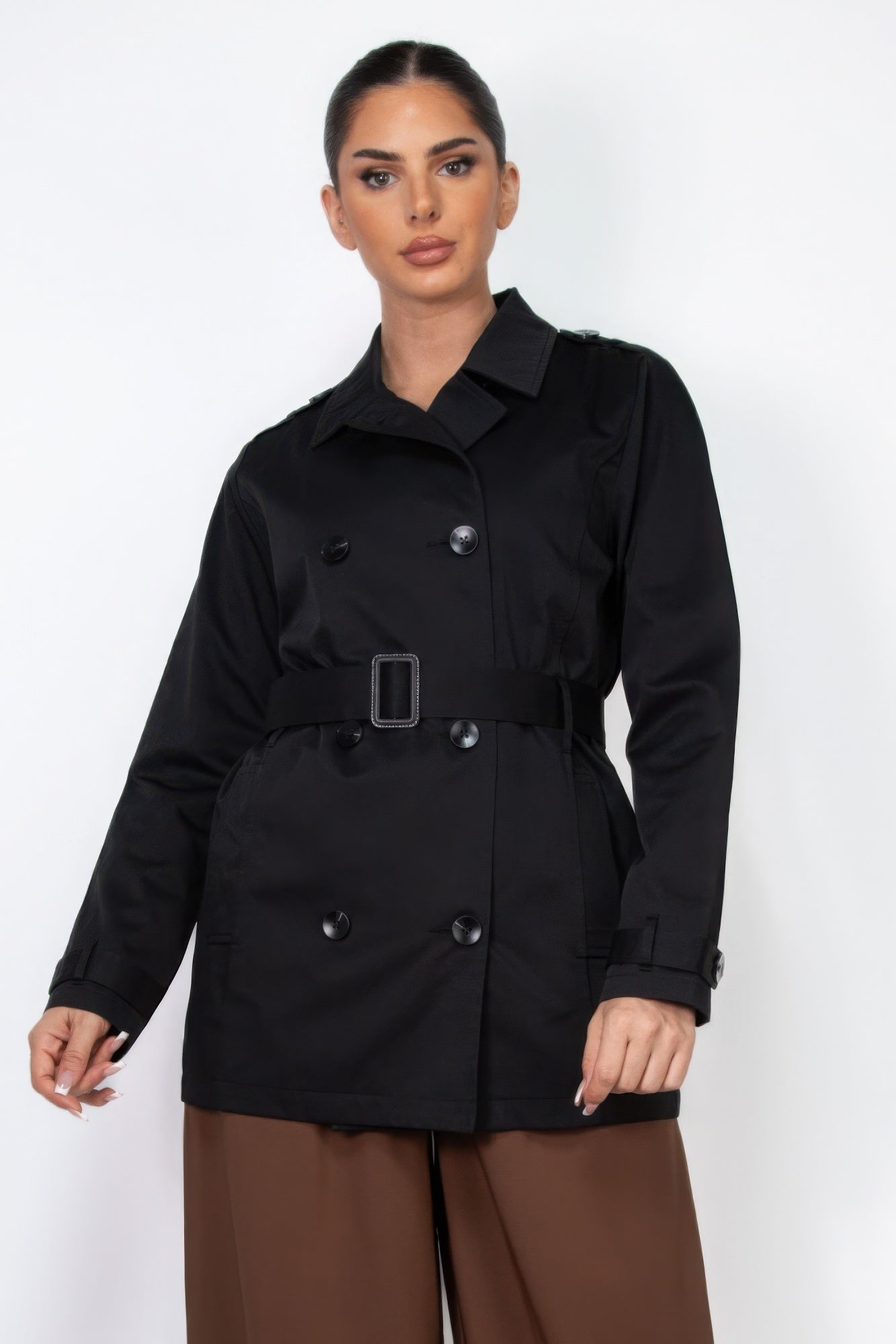 Double-breasted Notch Belted Coat Marabella Inspirations Black S