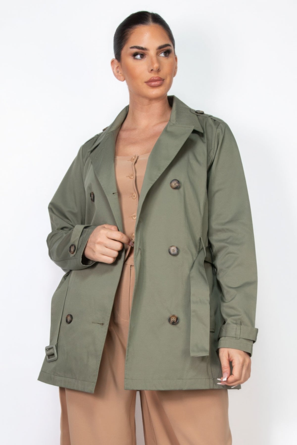 Double-breasted Notch Belted Coat Marabella Inspirations Dark Olive S