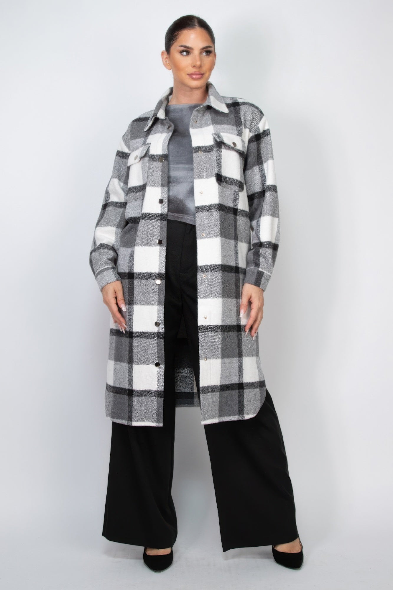 Plaid Buttoned Shacket Coat Marabella Inspirations Black S