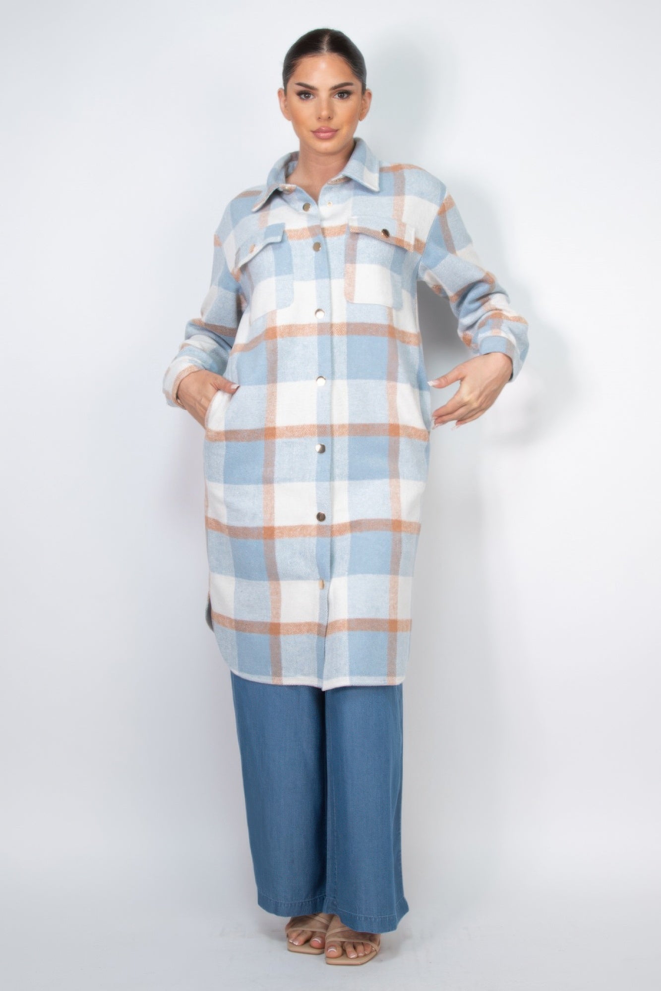 Plaid Buttoned Shacket Coat Marabella Inspirations Blue/Camel S