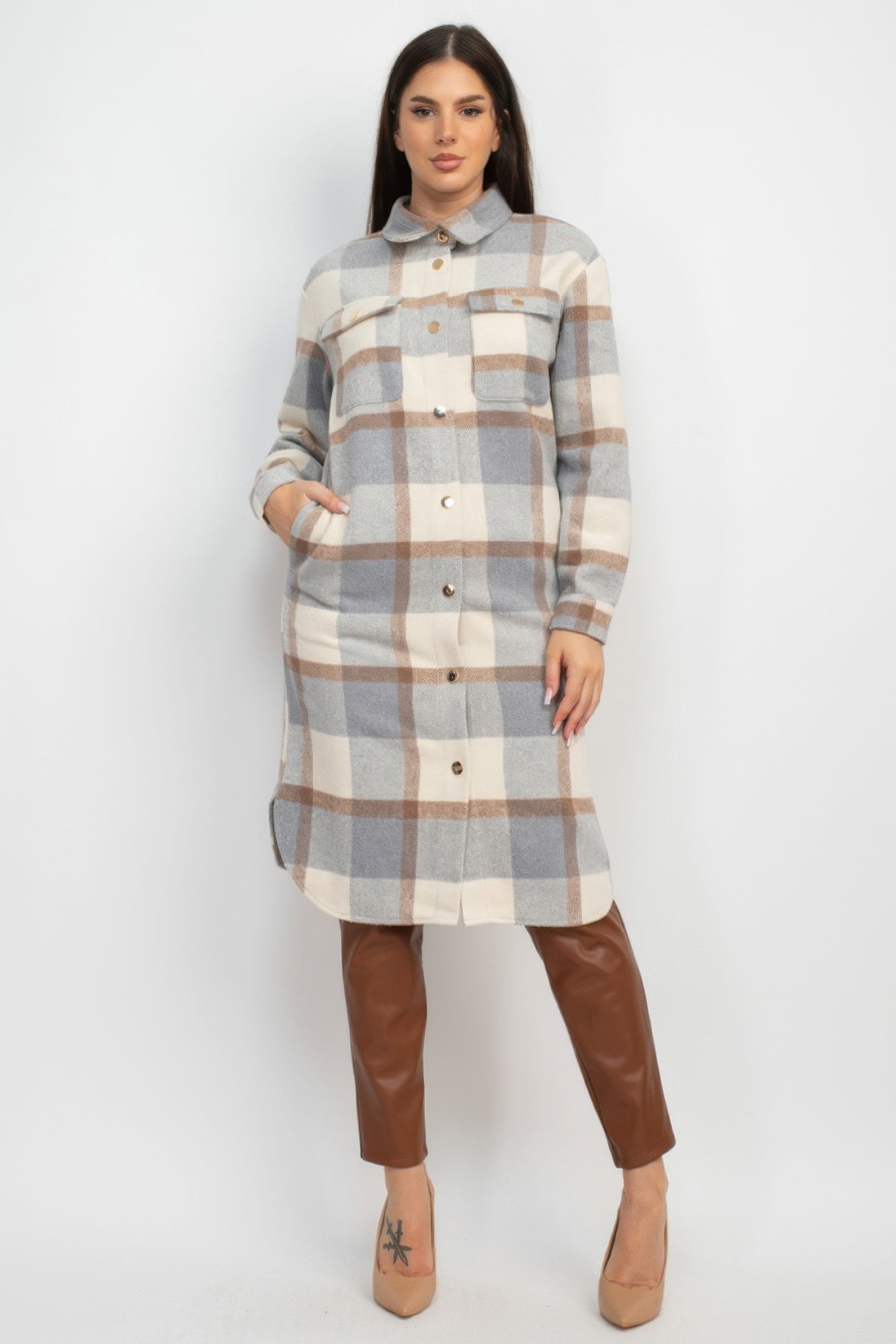 Plaid Buttoned Shacket Coat Marabella Inspirations Cream/Grey S