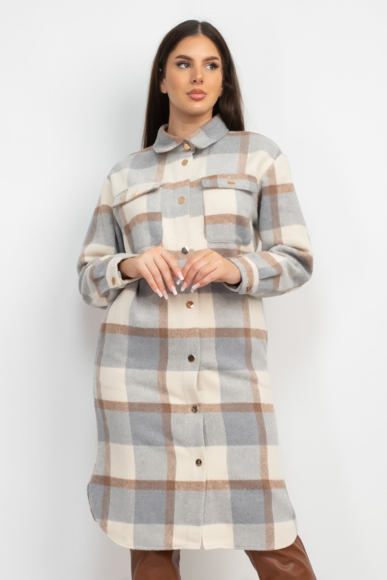 Plaid Buttoned Shacket Coat Marabella Inspirations