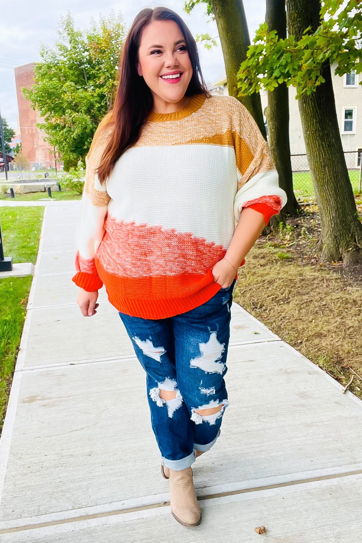 Adorable You Camel & Orange Color Block Sweater