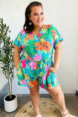 Tropical Vibes Turquoise Floral Surplice Tie Waist Romper