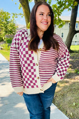 Cozy Days Magenta Checkered & Striped Button-Down Cardigan