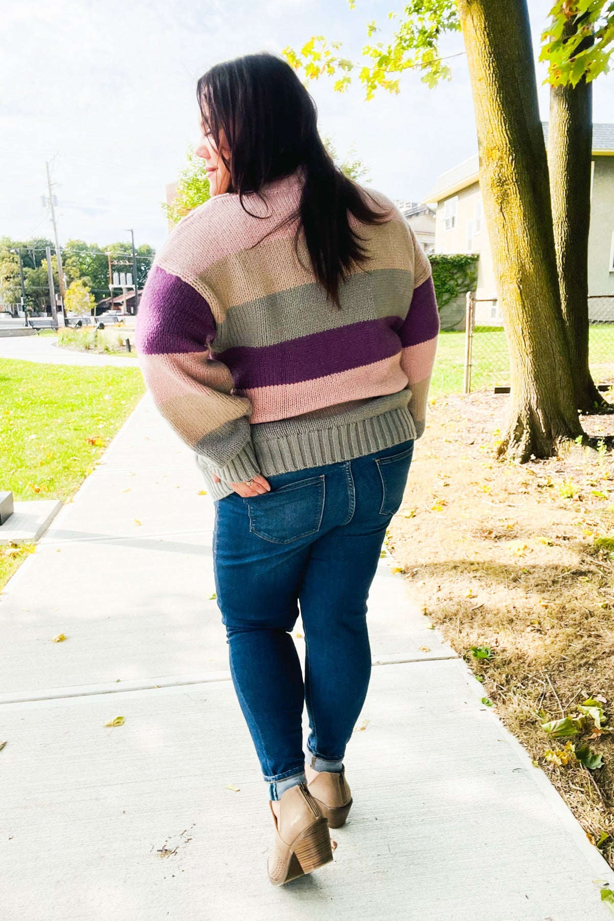 Fall For You Mauve Multicolor Stripe Cable Knit Mock Neck Sweater