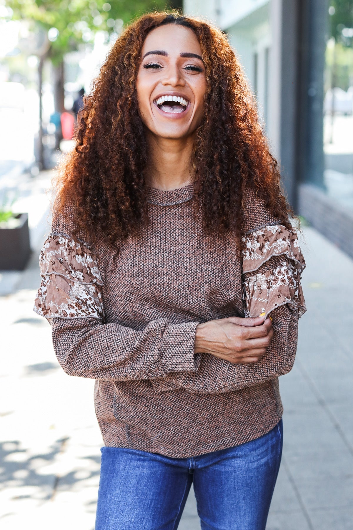 Fall Diva Brown Two Tone Knit Floral Print Frill Detail Sweater Sugarfox