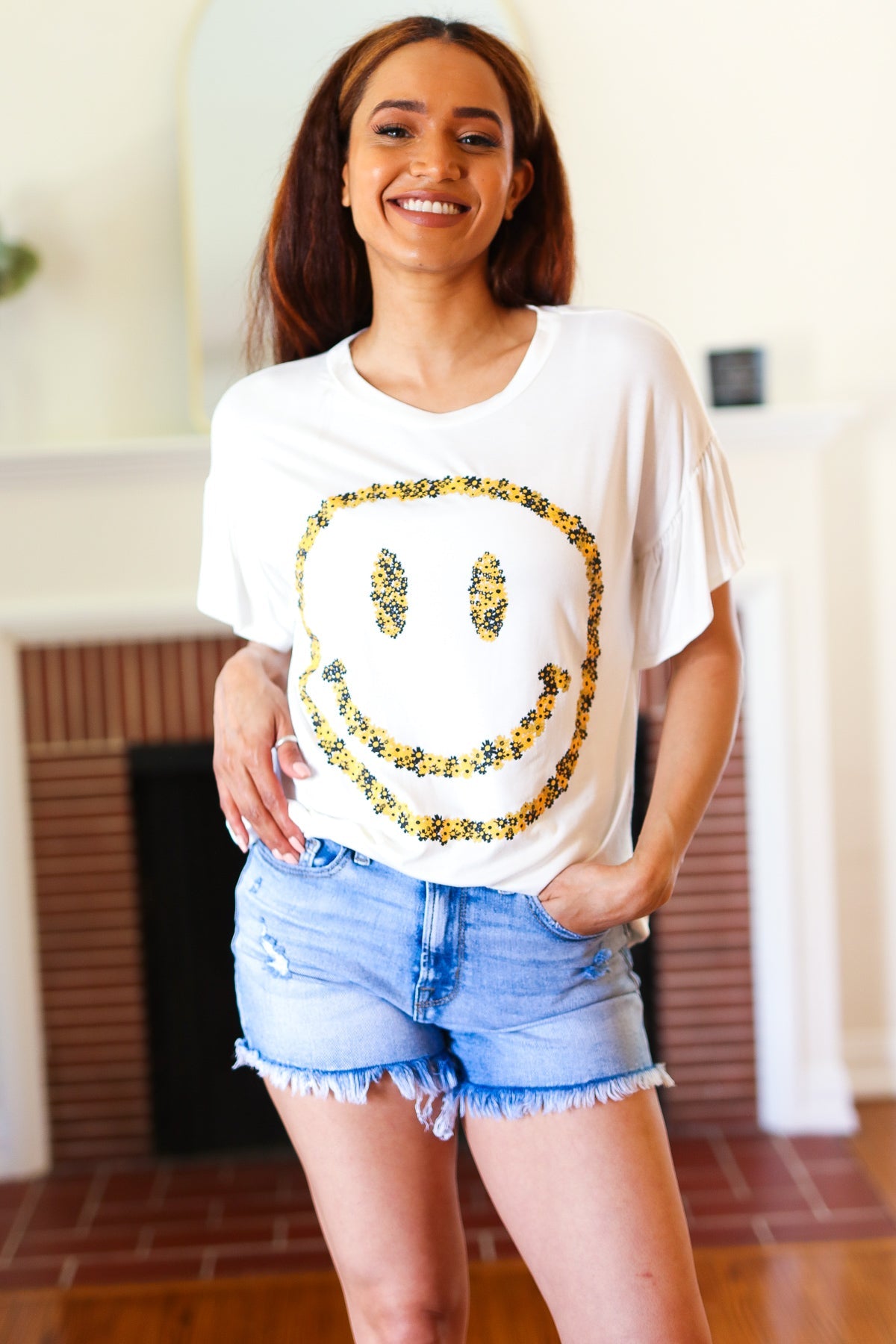 Live For Today White Floral Smiley Face Flutter Sleeve Tee  Red Lolly   