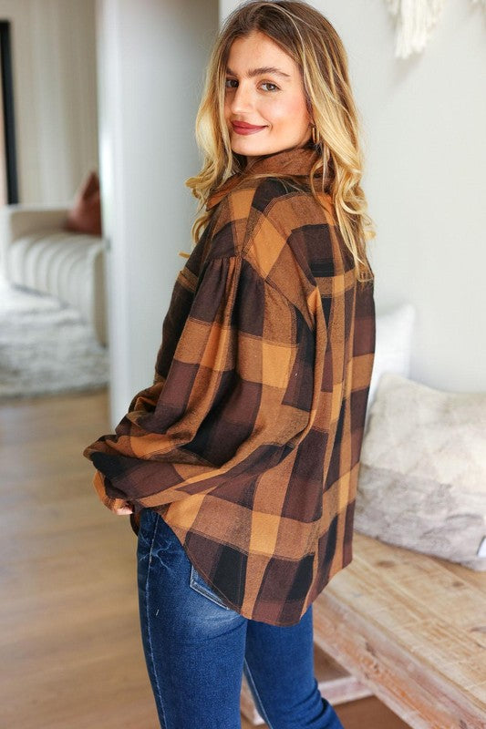 Rock'n Plaid Camel & Charcoal Button Down Oversized Shirt